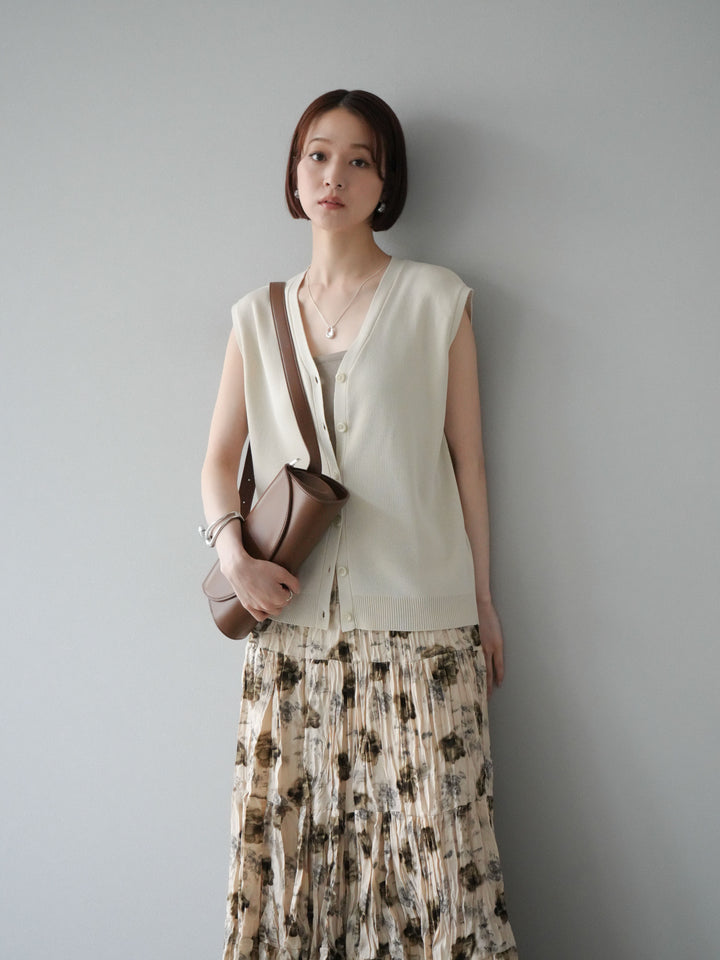 [SET] V領人造絲針織背心+花邊長裙（2件組）