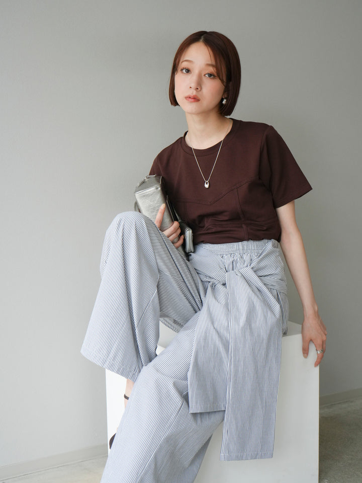 [SET]ビスチェデザインTシャツ+ウエスト巻きストライプイージーパンツ(2set)