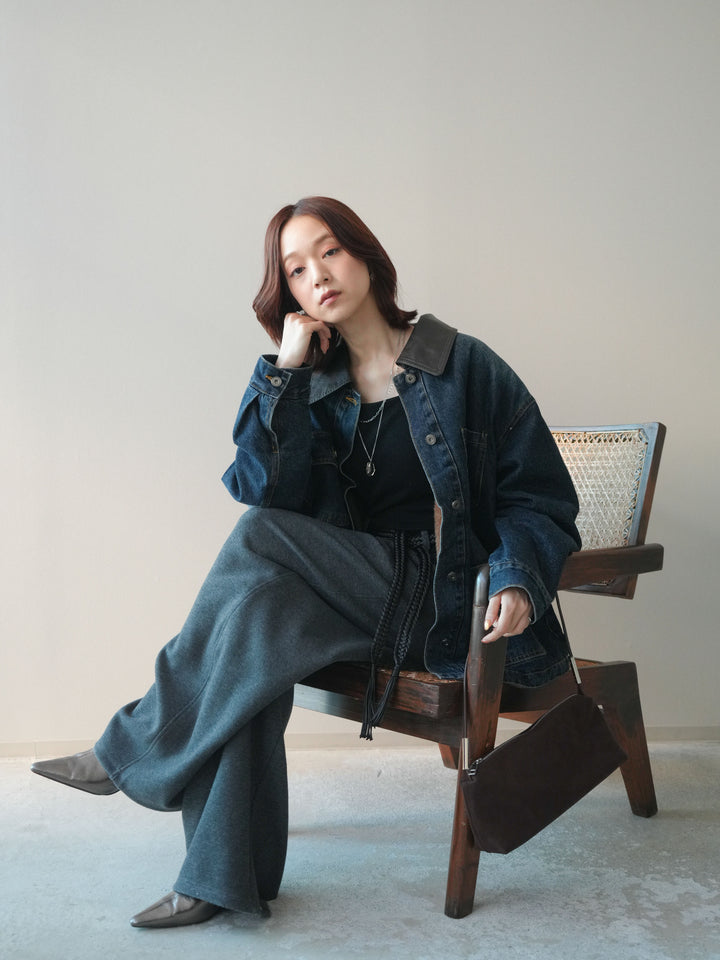 [SET]裏地ファーデニムフライトジャケット+編み込みベルト付きウエスト配色スエットパンツ(2set)