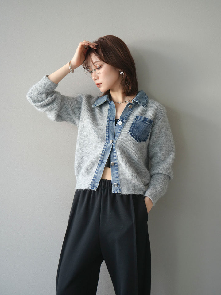 [予約]デニム襟ポケットニットカーディガン/gray