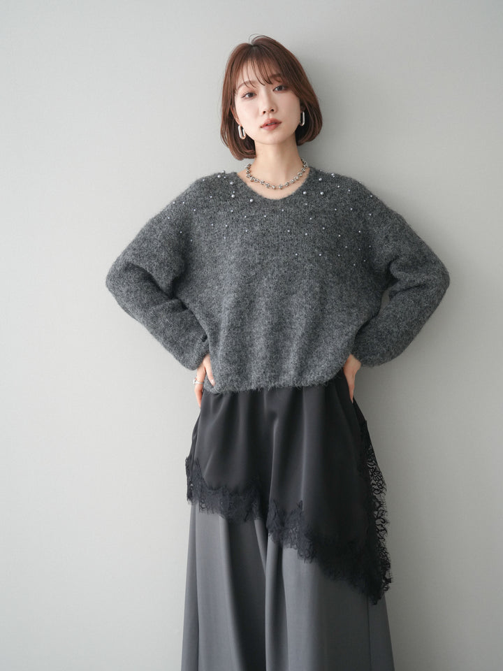 [SET]パール×ビジューVネックニットプルオーバー+アシンメトリーサテンレースキャミソール+テープベルトタックバギーパンツ(3set)