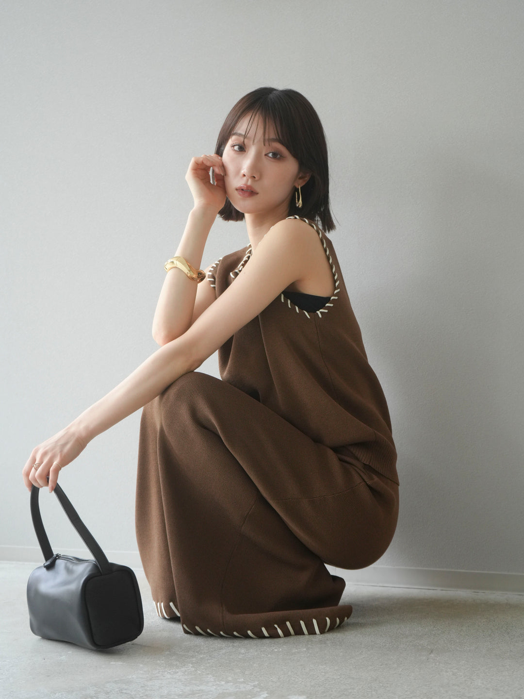 [予約]リネンタッチハンドステッチニットプルオーバー/モカ