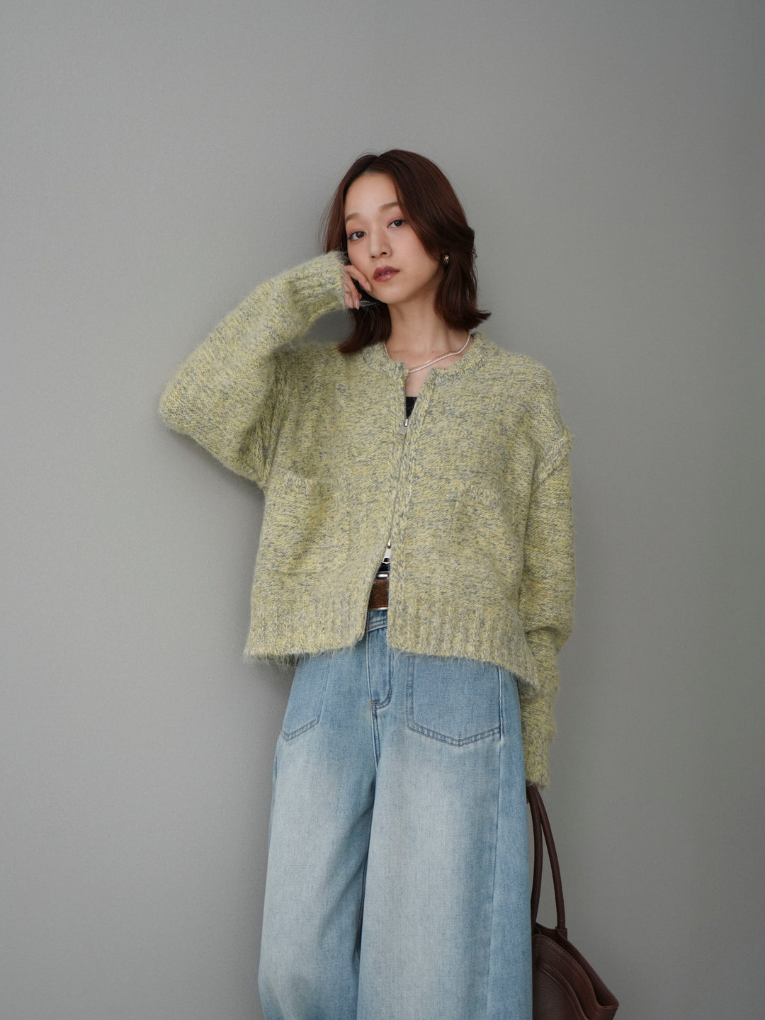 [SET]ミックスヤーンダブルZIPニットカーディガン+ベルト付裏起毛カーブデニムパンツ(2set)