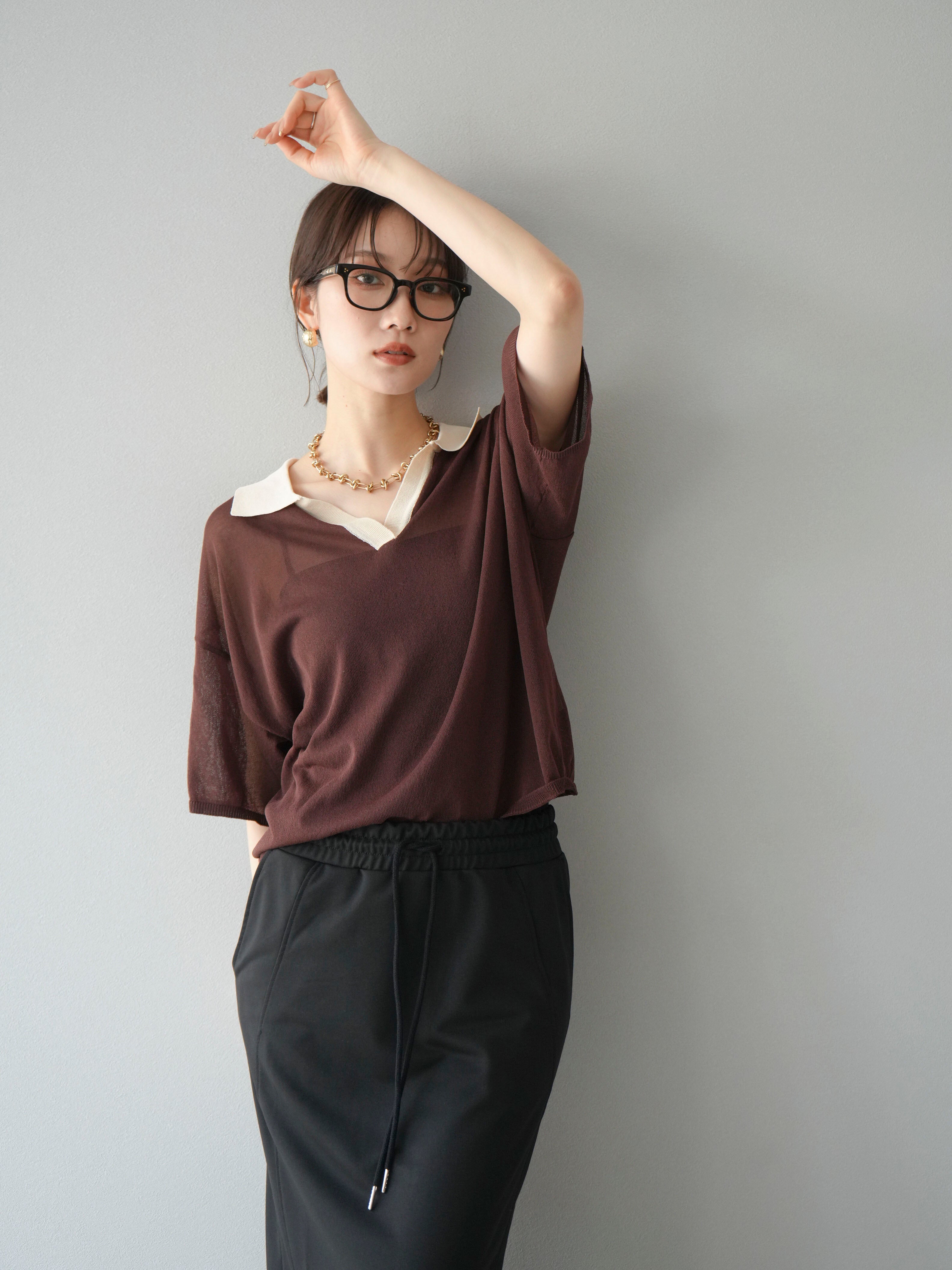 SET]シアーポロニットプルオーバー+スウェットロングスカート(2set