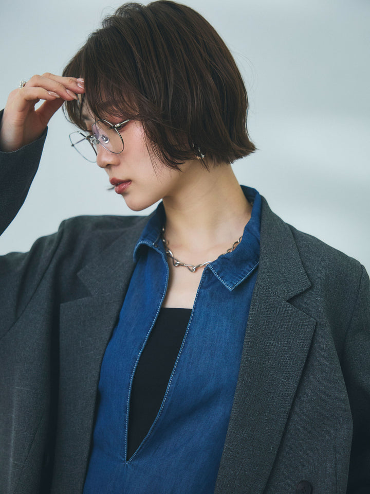 【Allure】[SET]杢調ライトテーラードジャケット+コットンライクスキッパーシャツ+ウエストフリンジカットオフカーブデニムパンツ(3set)