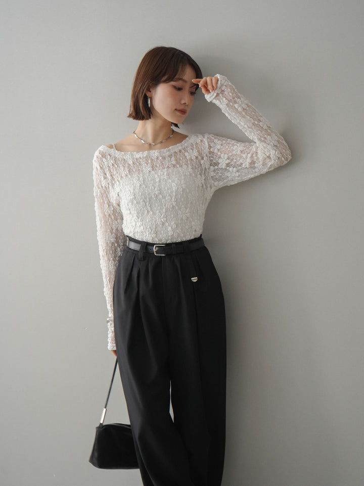 [SET]サイドギャザーレーストップス+ベルト付キーホルダーモチーフワイドパンツ(2set)