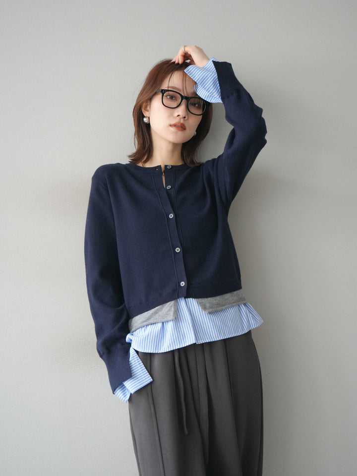 [SET]シャツ襟レイヤードニットカーディガン+ベルト付スウェットワイドパンツ(2set)