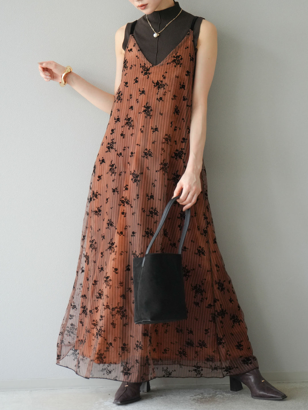 [予約]フロッキーチュールレイヤードベロアキャミワンピース/オレンジ