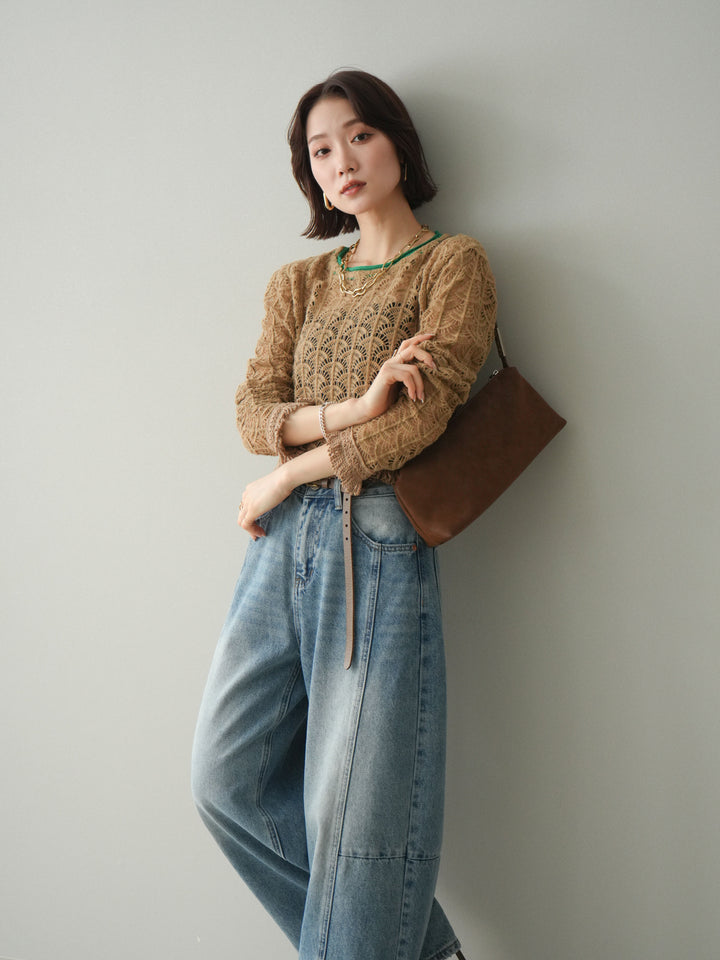 [予約]扇透かし編みクロップドニットプルオーバー/beige