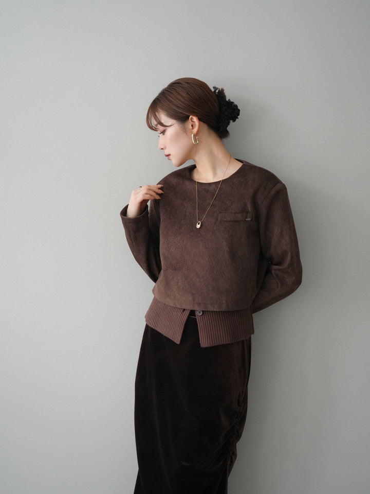 [予約]リブニットレイヤードスエードプルオーバー/brown