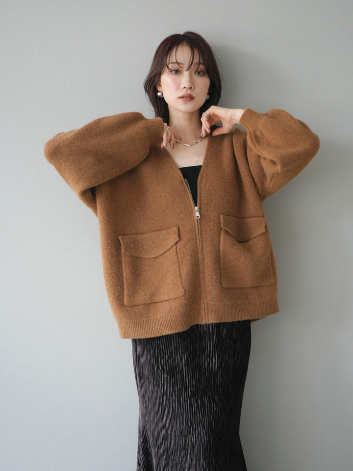 [預訂] 大口袋拉鍊針織開襟衫/駝色