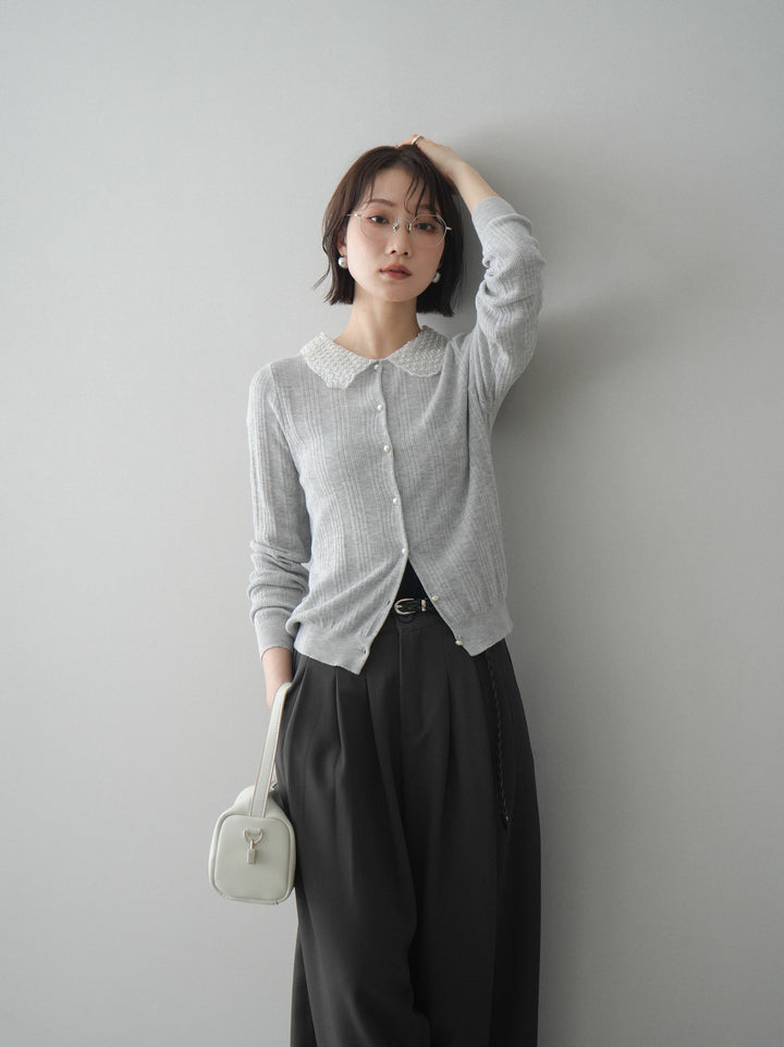 [予約]ビジュー襟パールボタンニットカーディガン/gray