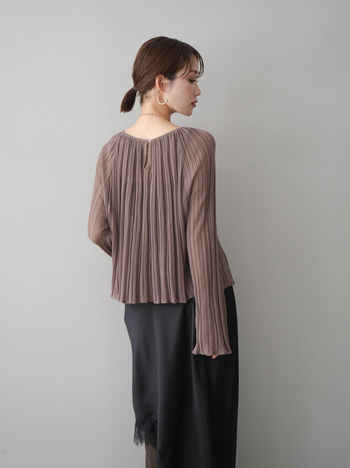 [SET]プリーツシアーフレアスリーブニットトップス+センターシームフレアパンツ+サテンライクアシメレーススカート(3set)