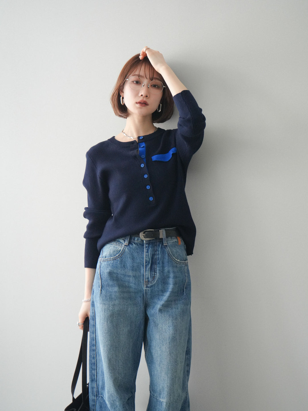 [予約]バイカラーデザインポケット配色ヘンリーネックニットソー/navy