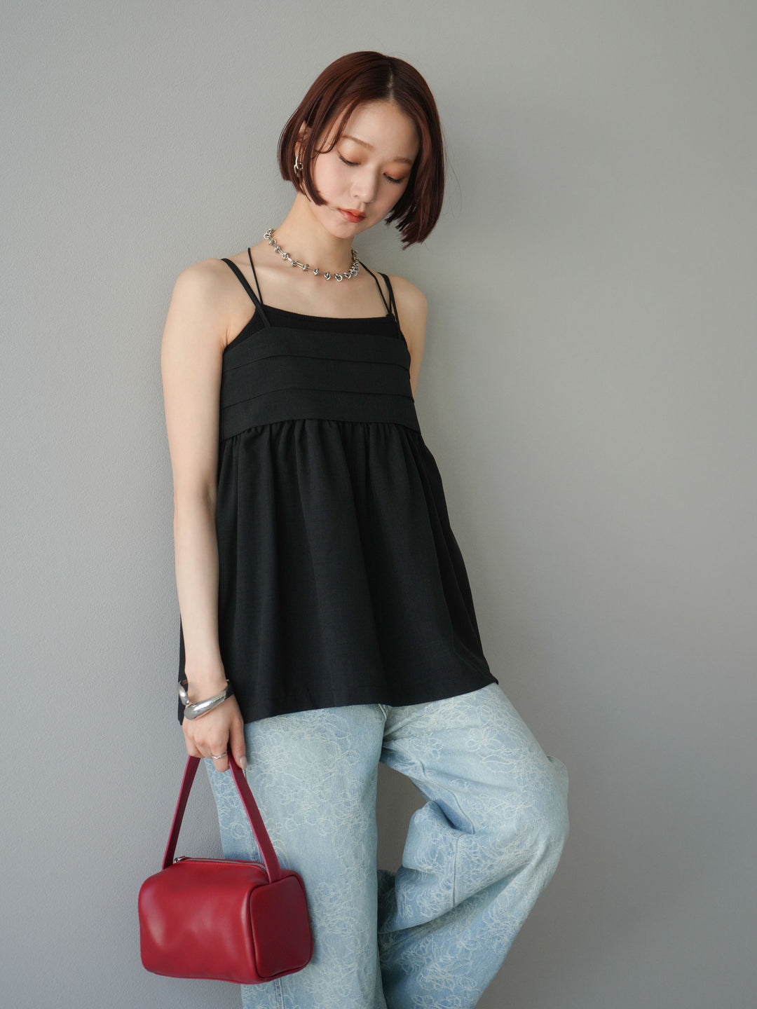 [予約]リネンライクビスチェデザインキャミソール/ブラック