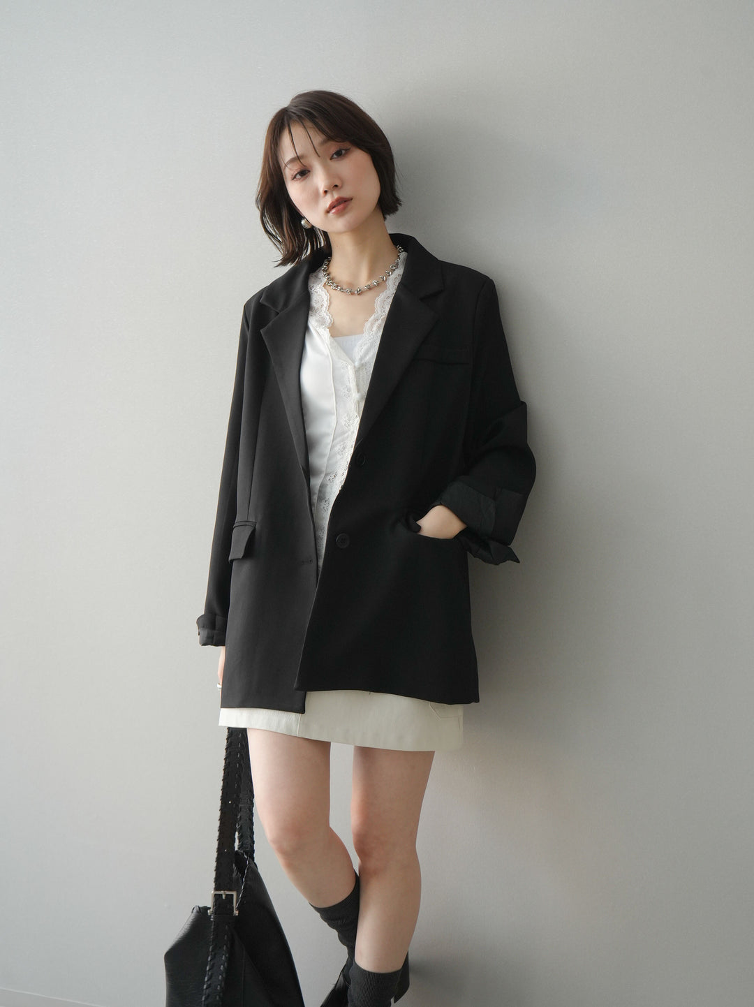 [SET]バックスリットデザインジャケット+ベルト付カーゴミニスカート(2set)