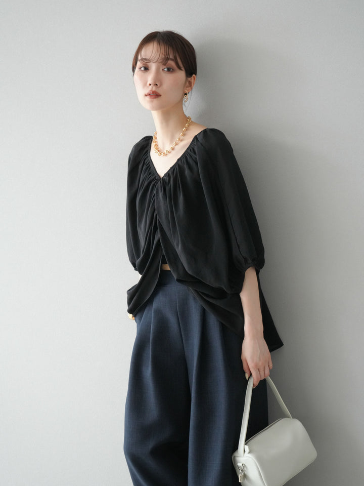 [SET]ボリュームスリーブシアータックブラウス+リネンライクイージーワイドパンツ(2set)