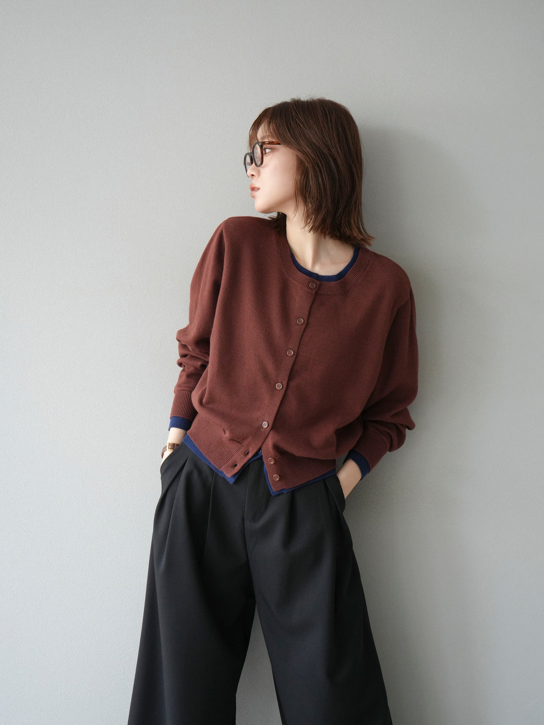 【SET】同色系疊穿開襟衫+雙褶寬褲（2件組）