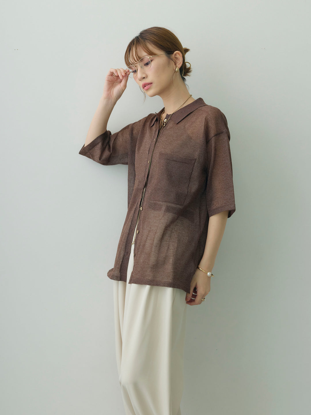 【預購】半透明金銀絲針織襯衫 / 深棕色
