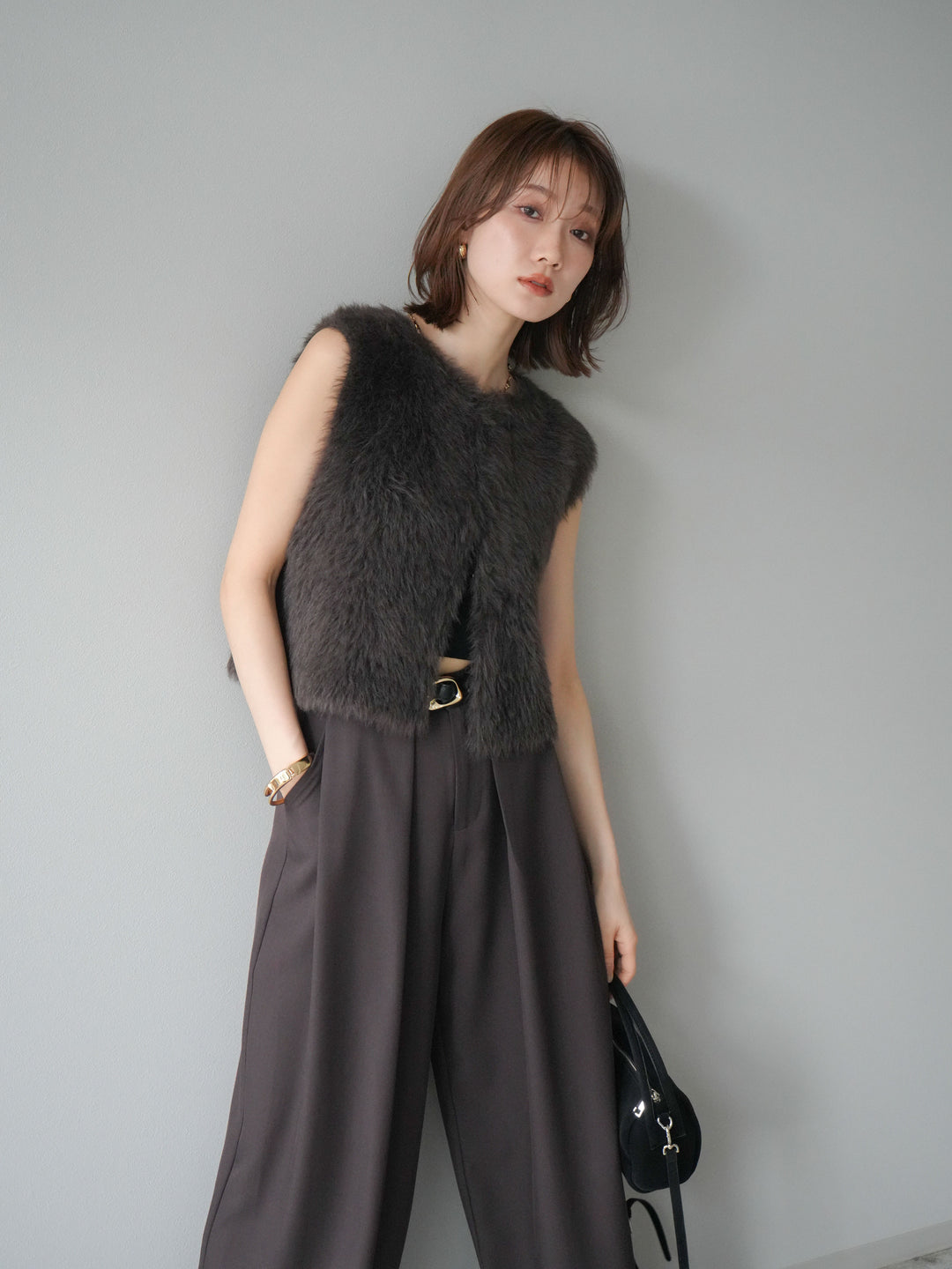 [予約]ミンクライク前後2WAYショートジレ/ブラウン