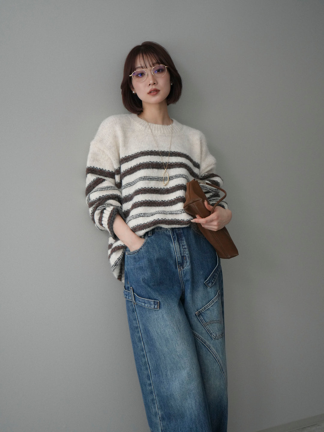 [SET]ステッチボーダーニットプルオーバー+ペインターカーブデニムパンツ(2set)