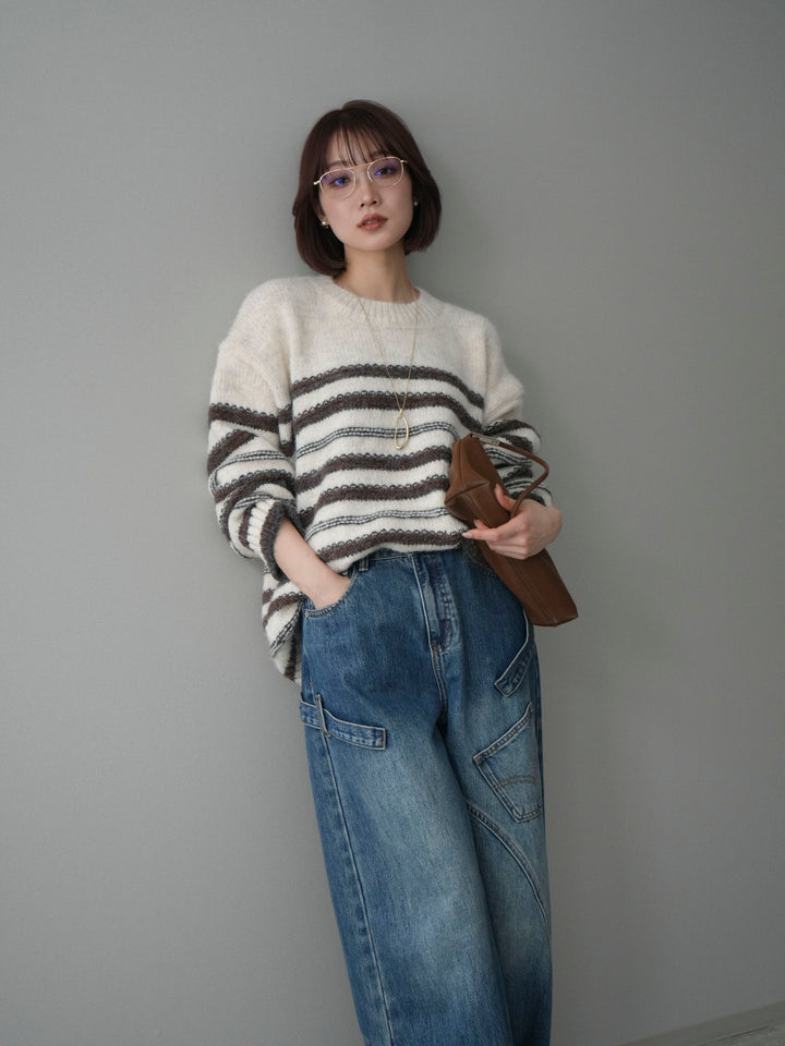 [SET]ステッチボーダーニットプルオーバー+ペインターカーブデニムパンツ(2set)