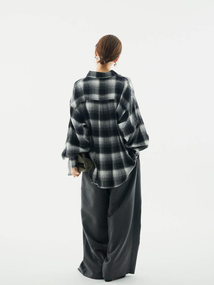 【Allure】[SET]オンブレチェックオーバーシャツ+ラップデザインタックワイドパンツ(2set)