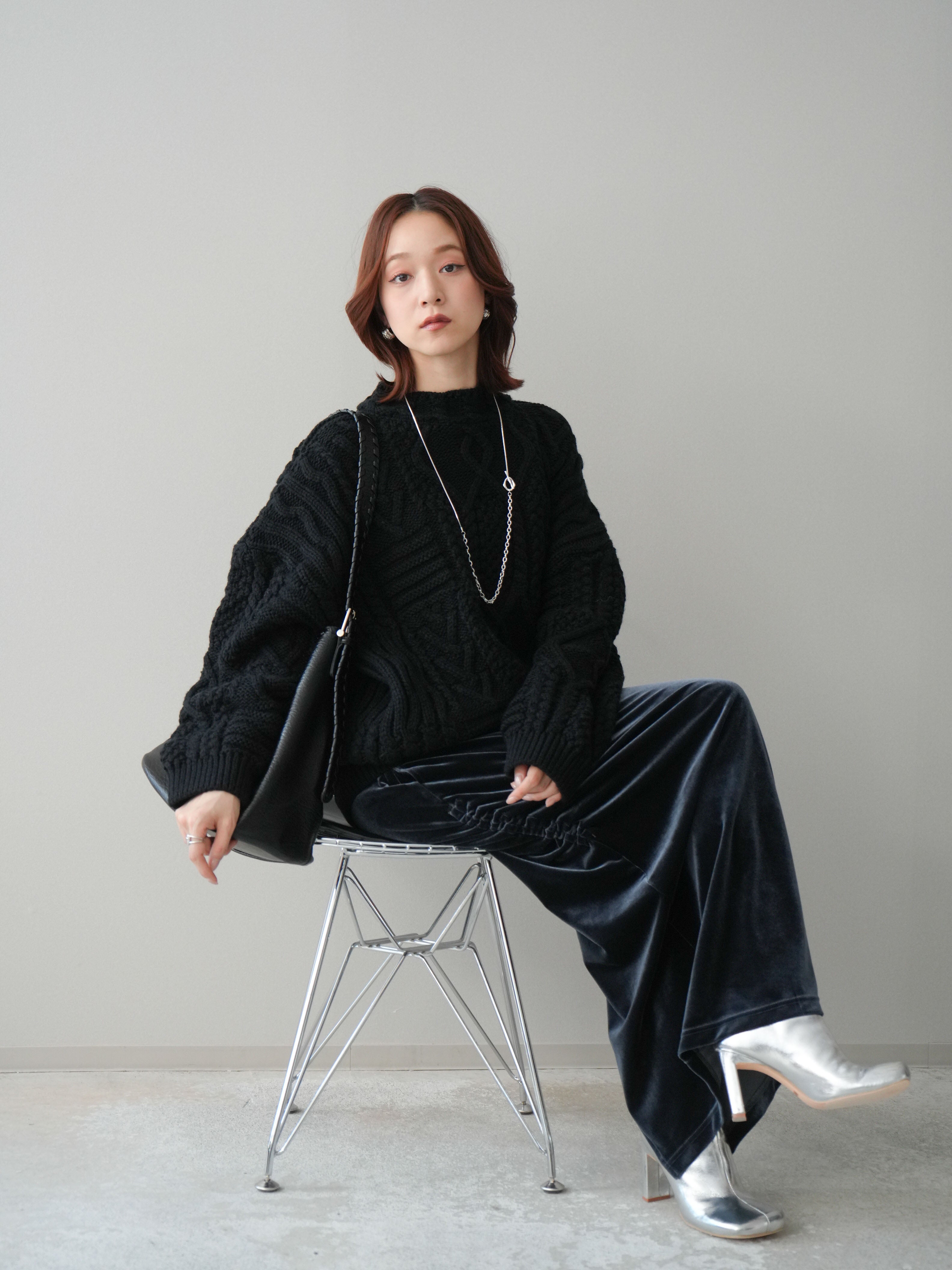 SET]ケーブル編みモックネックニットプルオーバー+ギャザーベロア