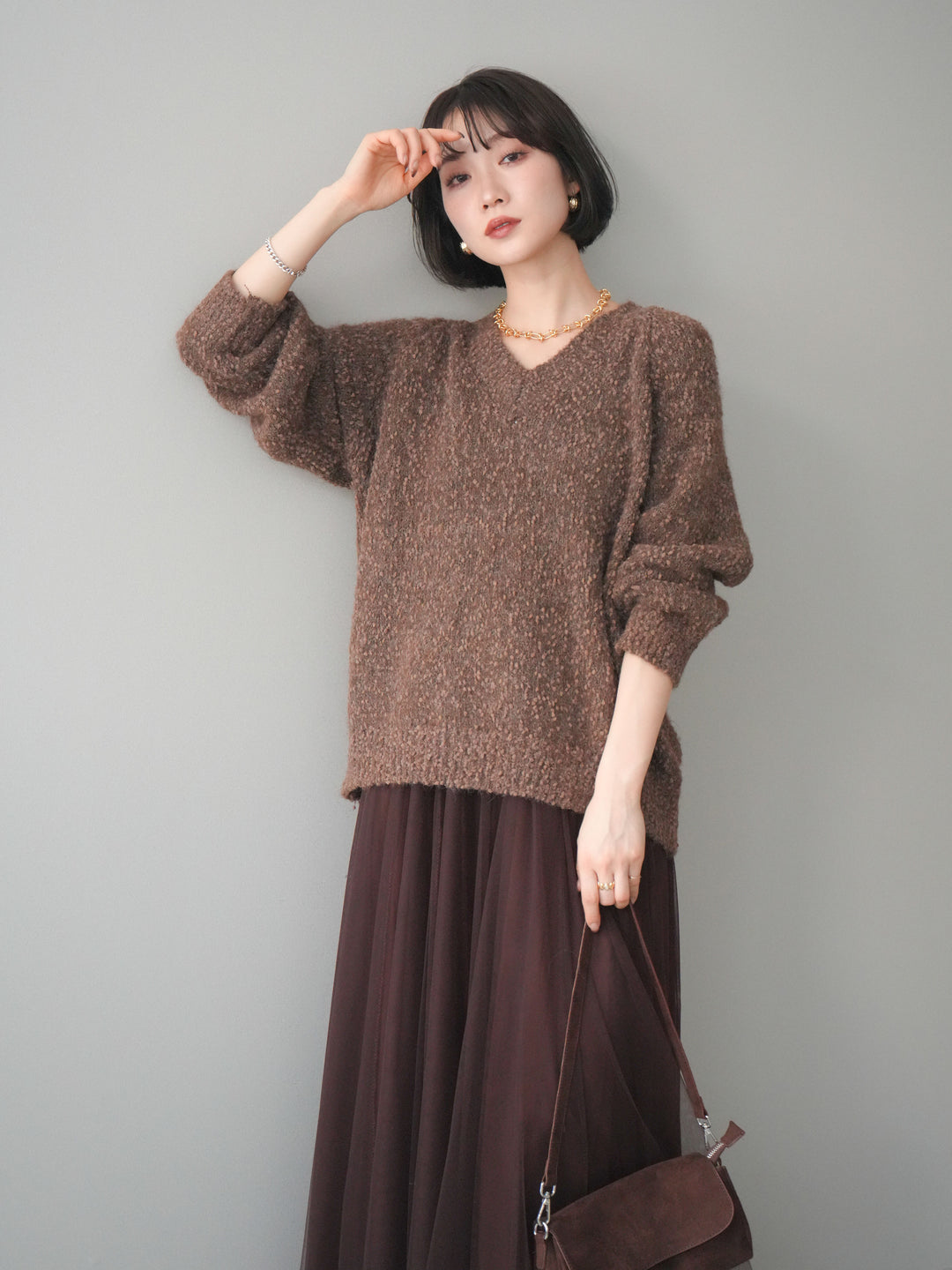 [SET]Vネックスラブニットプルオーバー+選べるアクセセット(2set)