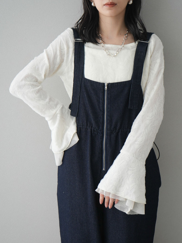 【預購】雙層紗布袖喇叭疊層提花上衣/象牙白