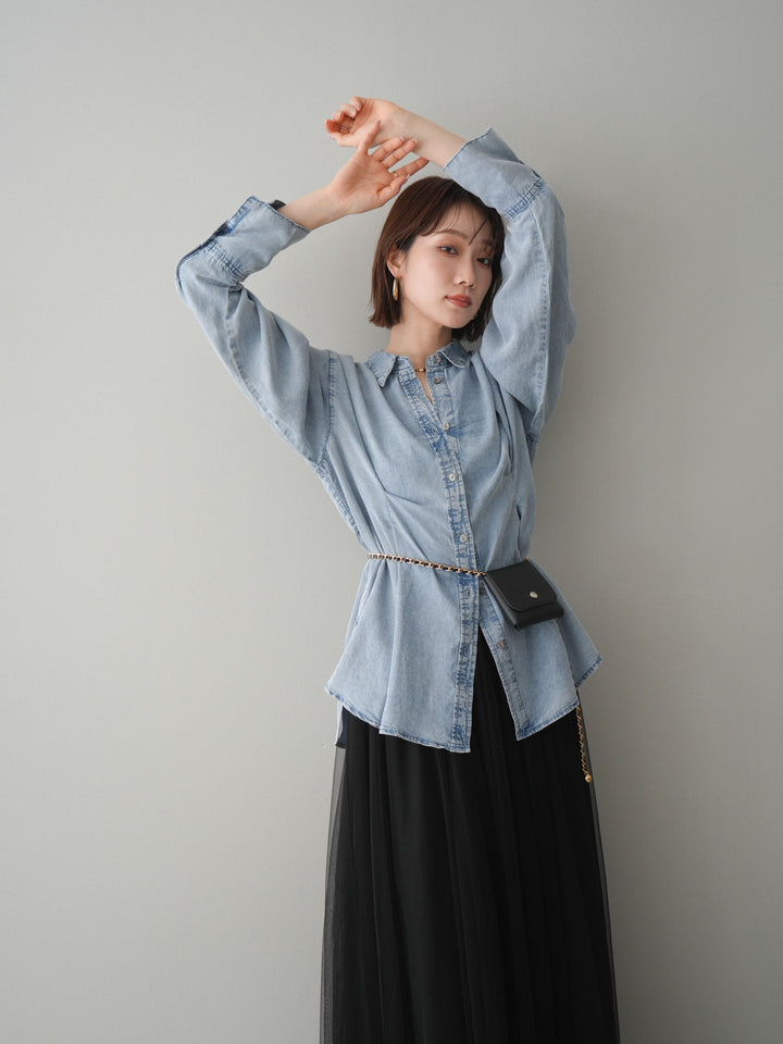 [SET]テンセルデニムタックシャツ+チュールボリュームスカート(2set)