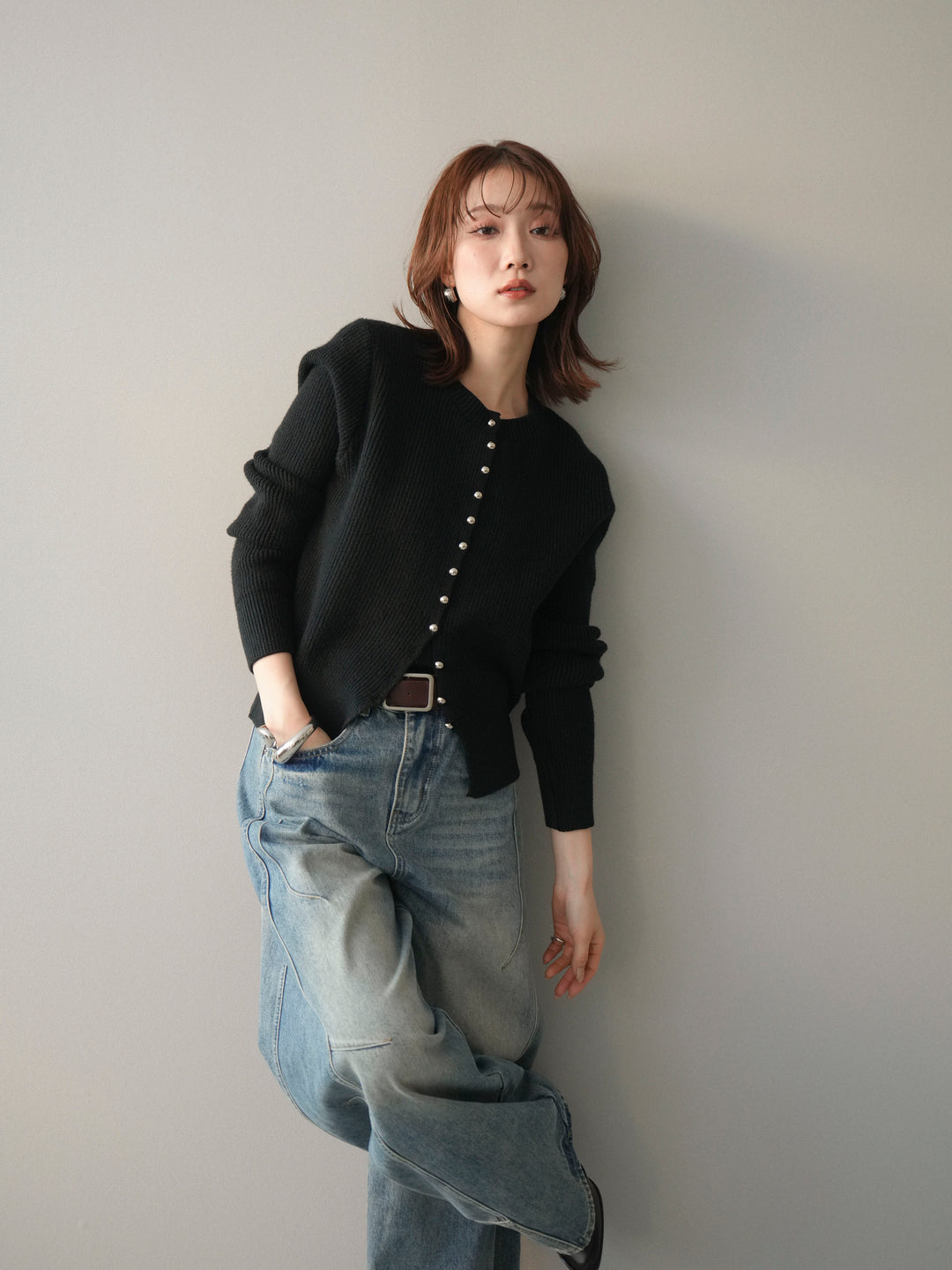 [予約]シルバーボタン畦編みニットカーディガン/black