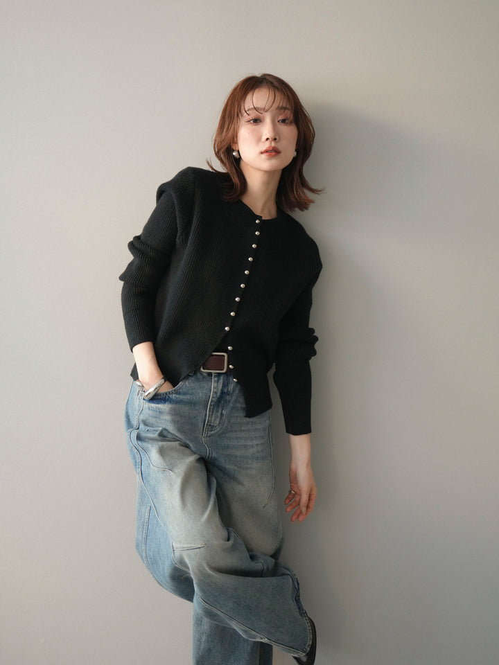 [予約]シルバーボタン畦編みニットカーディガン/black