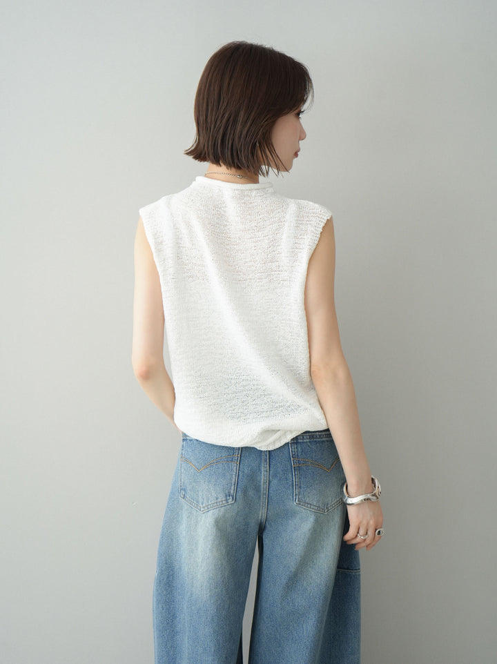 【套裝】無袖亞麻質感透視針織套頭衫 + 不對稱闊腿牛仔褲（兩件套）
