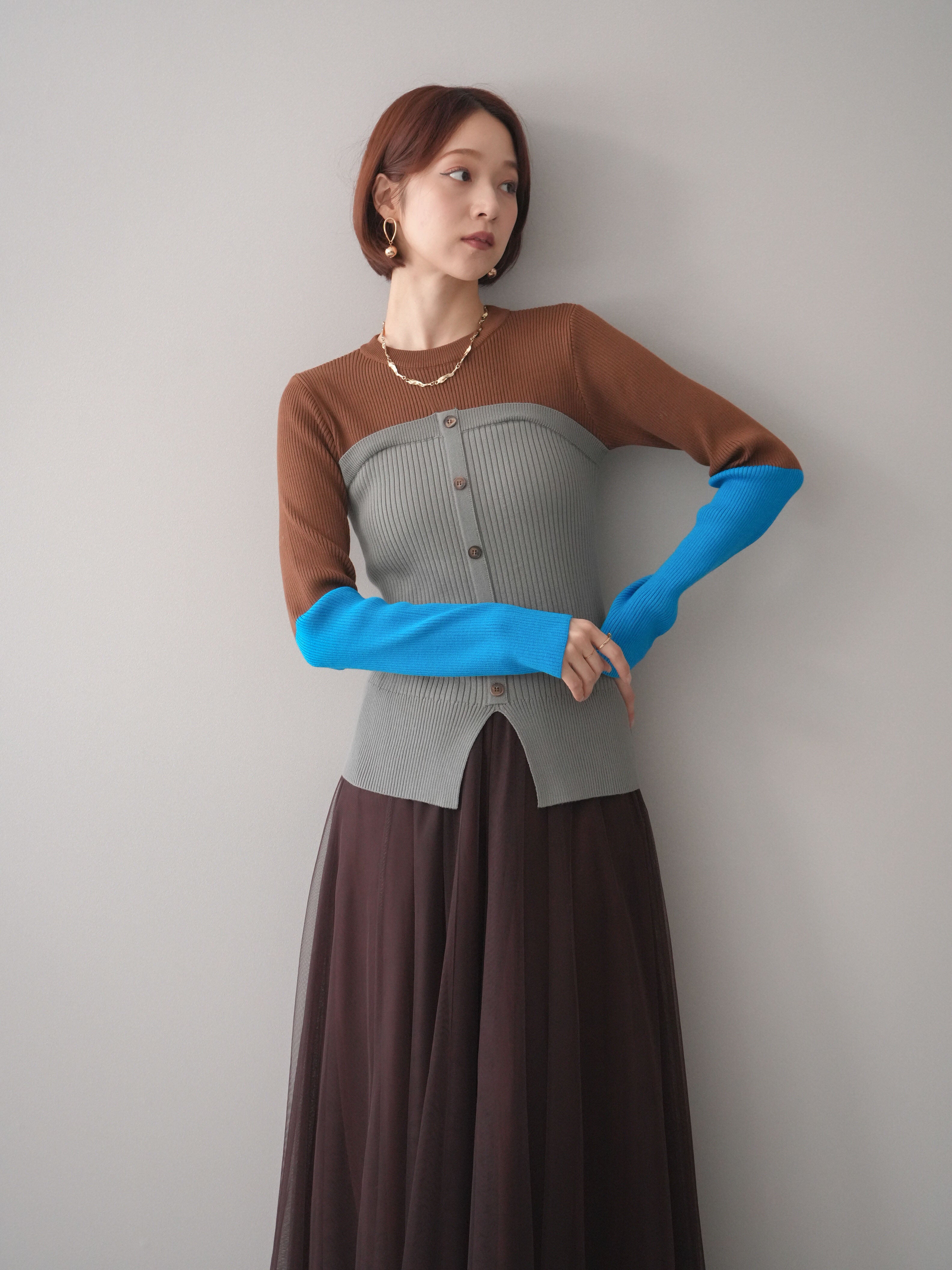 予約]配色ビスチェドッキングリブニットトップス/brown – Lumier