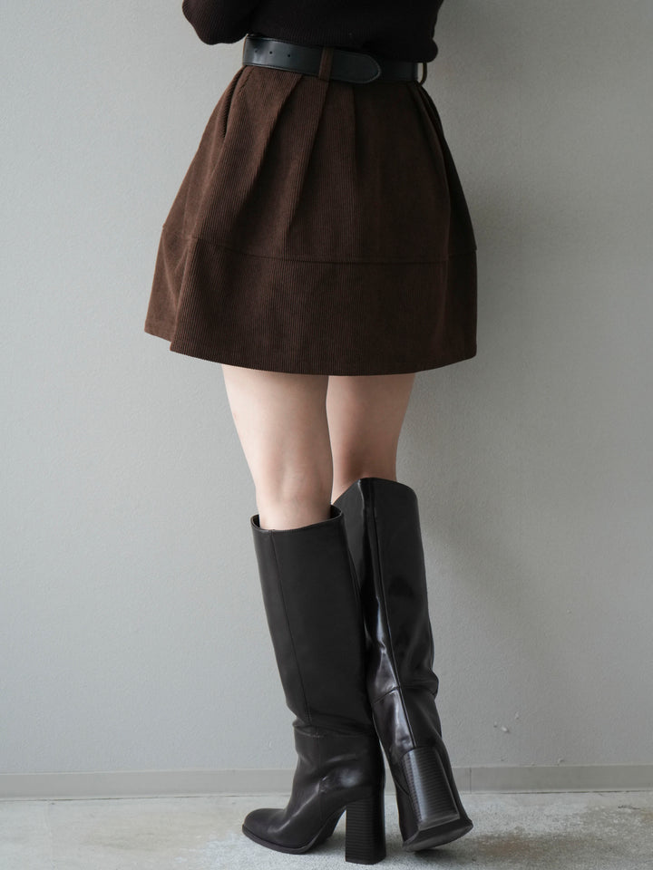 [予約]ベルト付インパンコーデュロイタックフレアスカート/brown