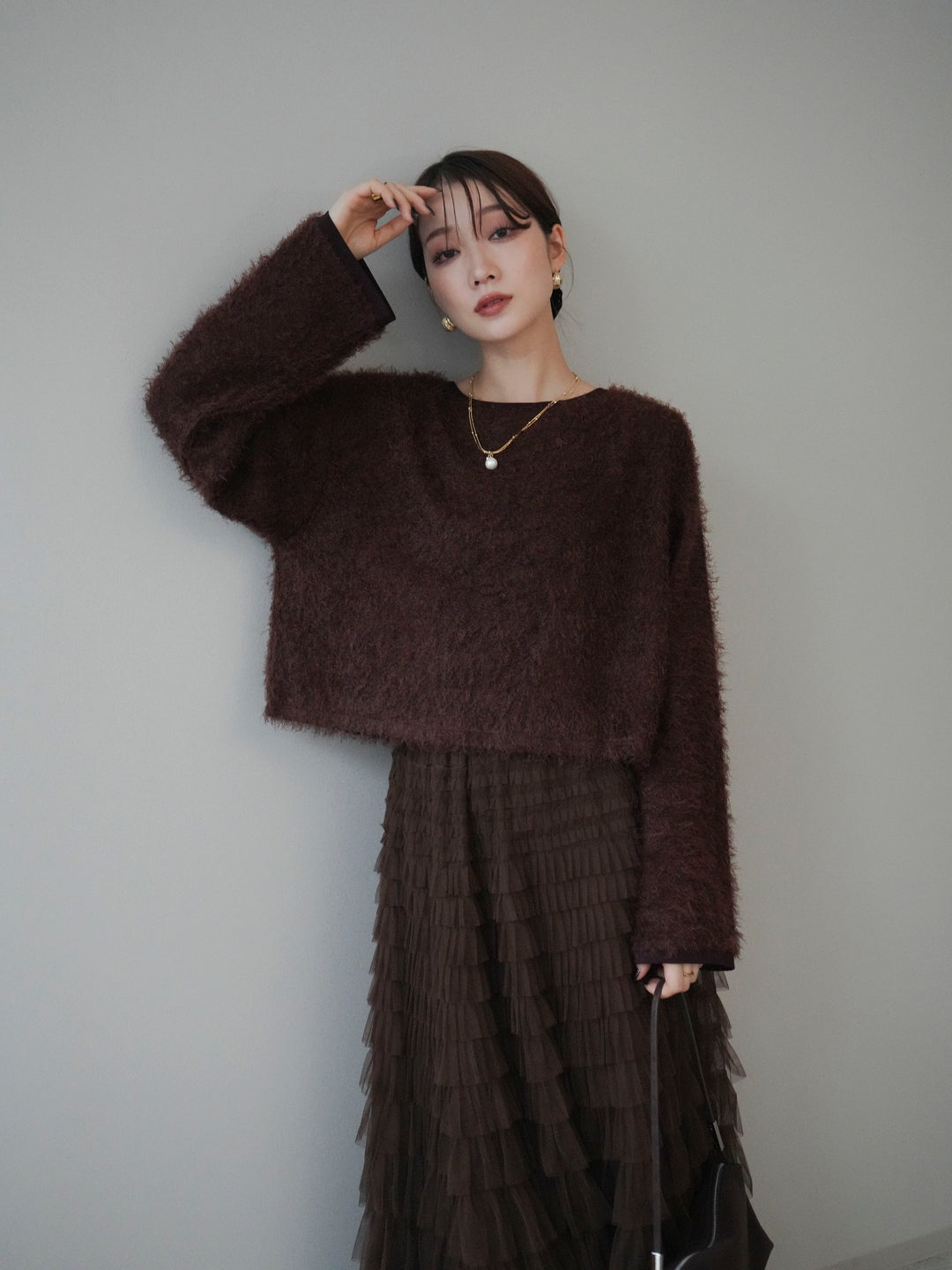 [予約]バイカラー2WAYシャギーニットカーディガン/brown