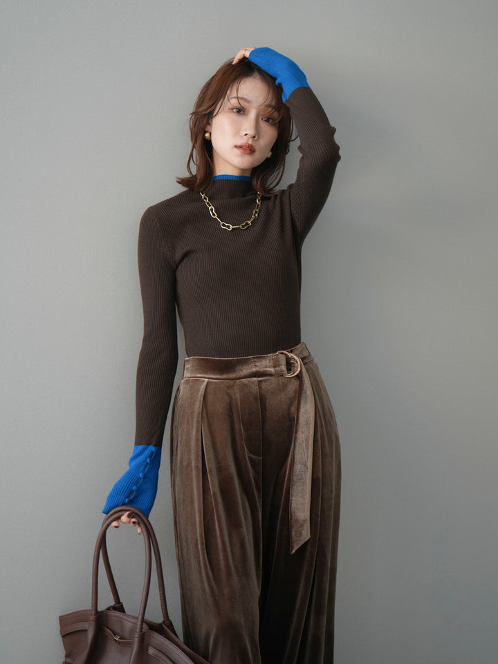 [予約]袖ボタンハイネック配色リブニットトップス/brown