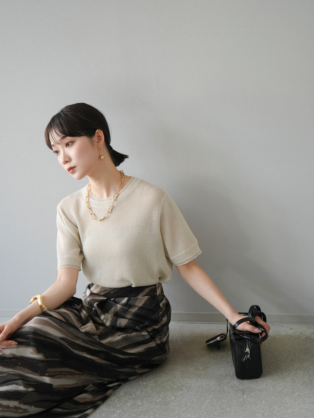 [SET]リネンタッチ配色二重臼ハーフニットトップス+選べるアソート柄スカートセット(2set)