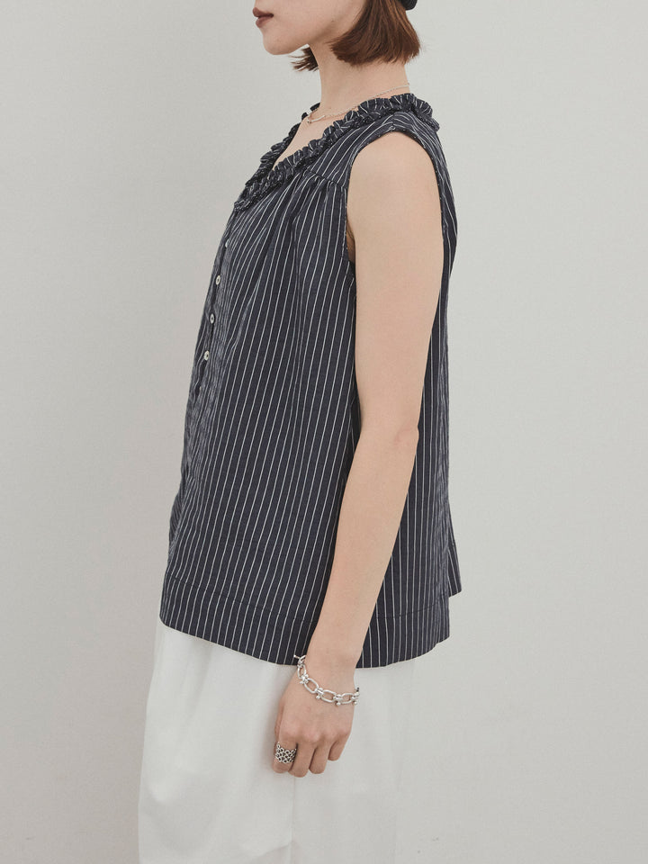 【預購】條紋荷葉邊襯衫/黑色