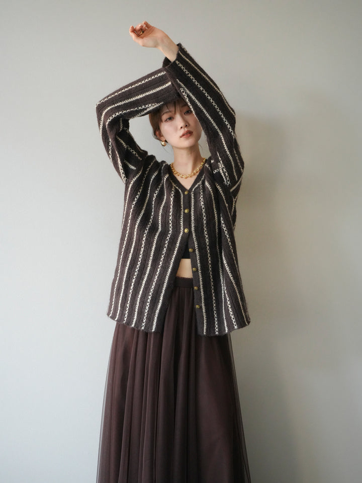 [予約]ストライプVネックニットカーディガン/ブラウン