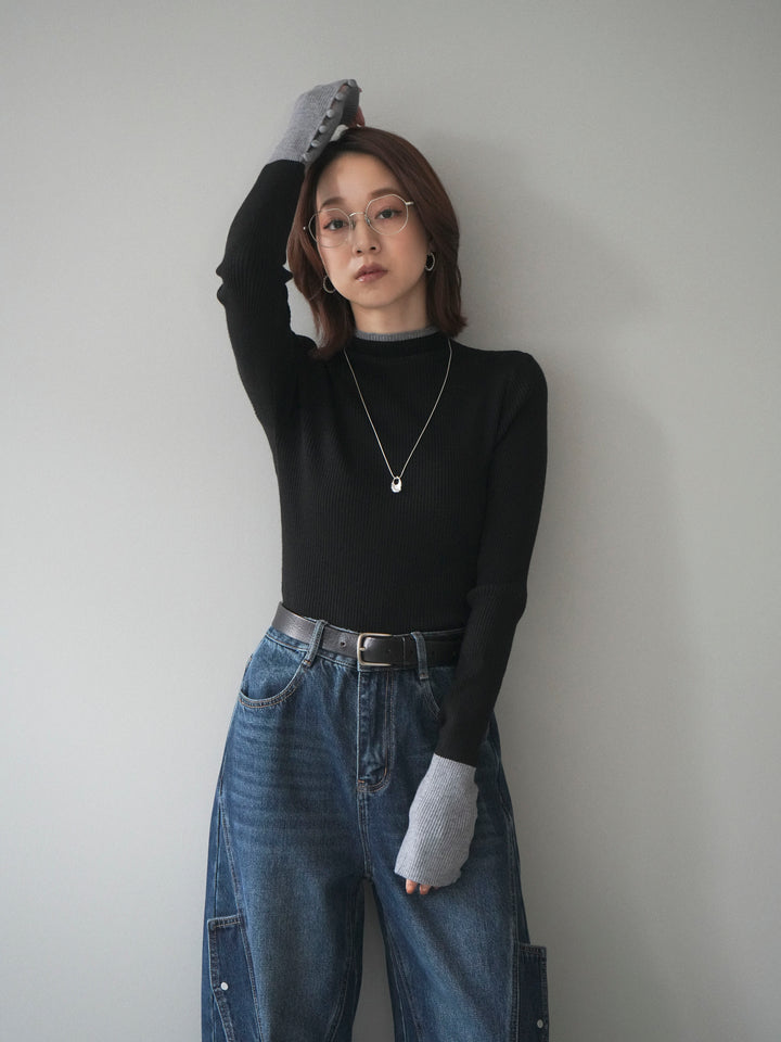 [予約]袖ボタンハイネック配色リブニットトップス/black