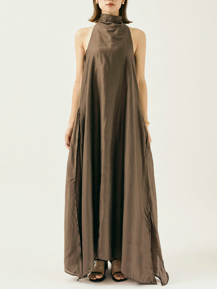 [予約]シャイニーホルターネックレイヤードワンピース/ブラウン