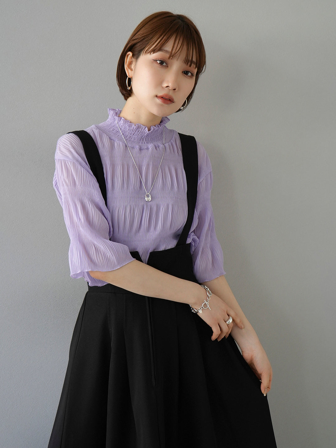 [SET] Shirring chiffon half sleeve blouse + 2WAY flare jumper skirt (2set)