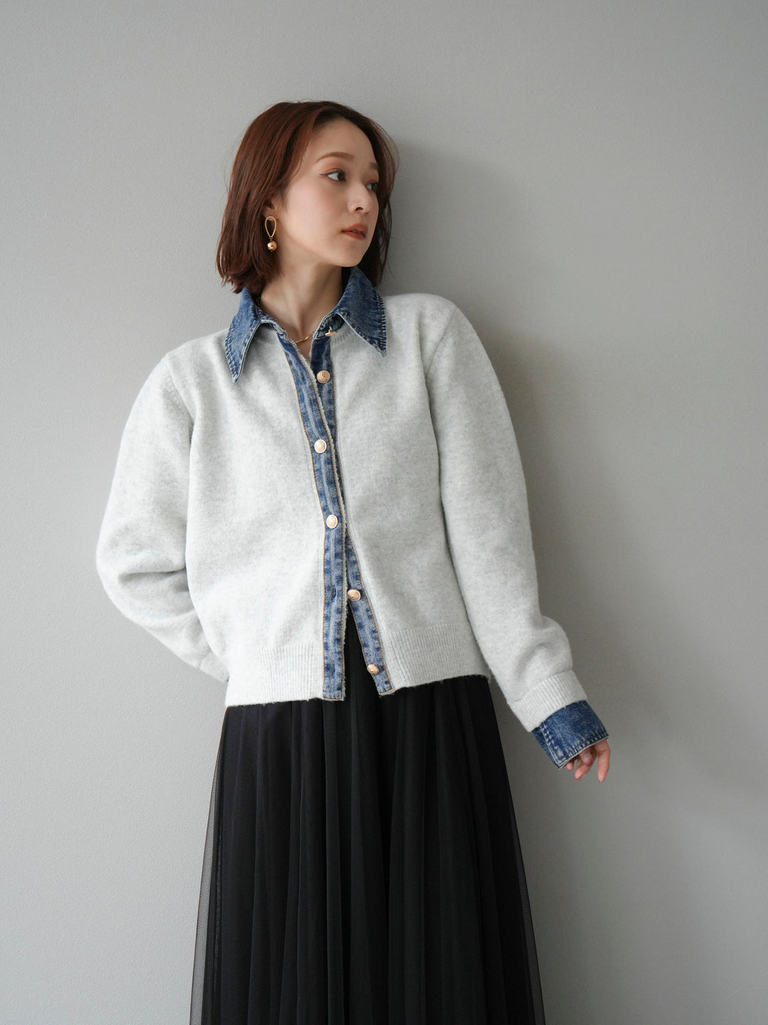 [予約]デニム襟ボタンニットカーディガン/オートミール