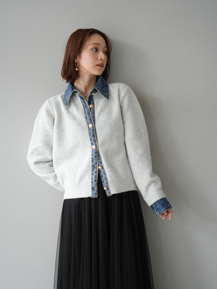 [予約]デニム襟ボタンニットカーディガン/オートミール