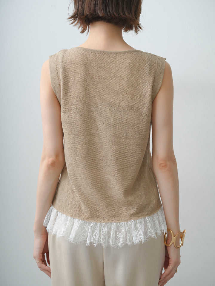 [予約]レースドッキングノースリニットトップス/beige