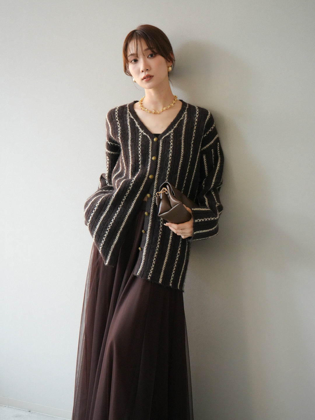 [予約]ストライプVネックニットカーディガン/ブラウン