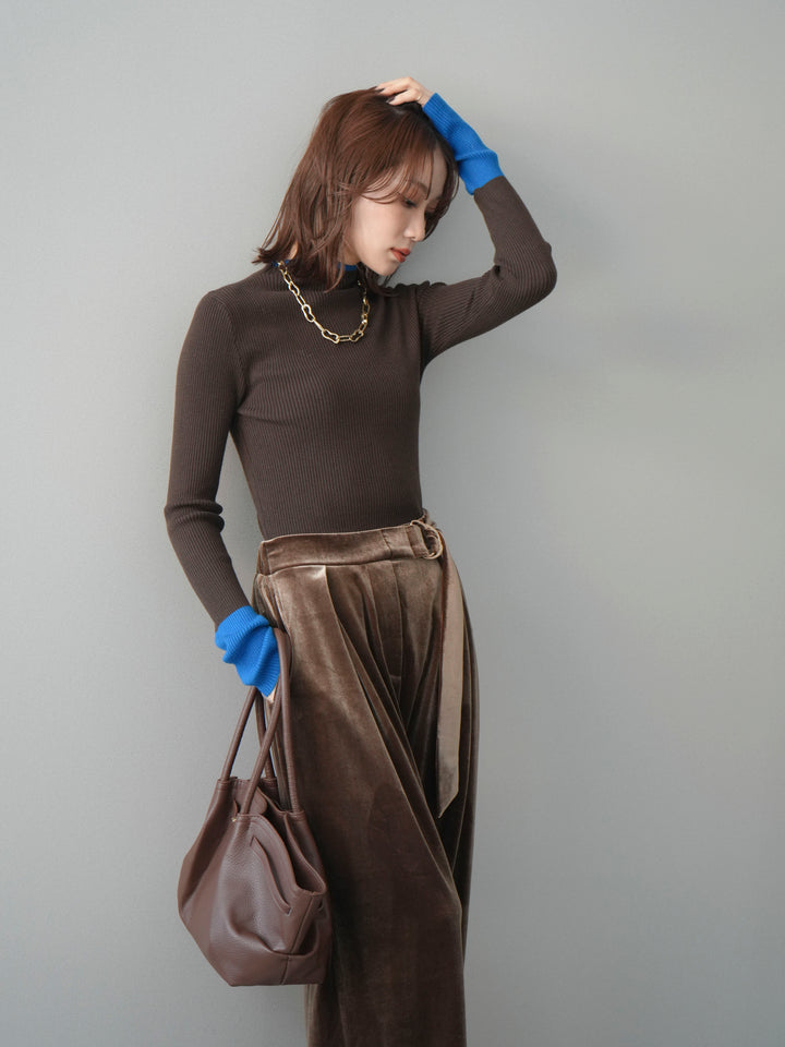[予約]袖ボタンハイネック配色リブニットトップス/brown