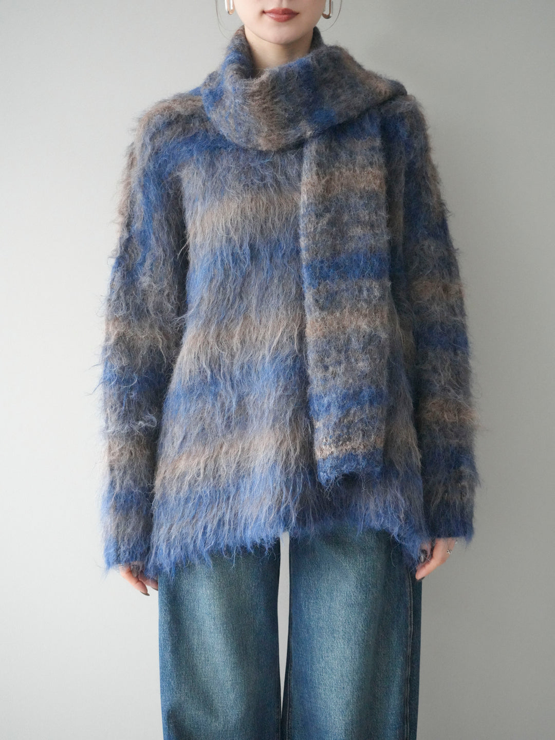 [予約]ストール付シャギーマルチボーダーニットプルオーバー/blue